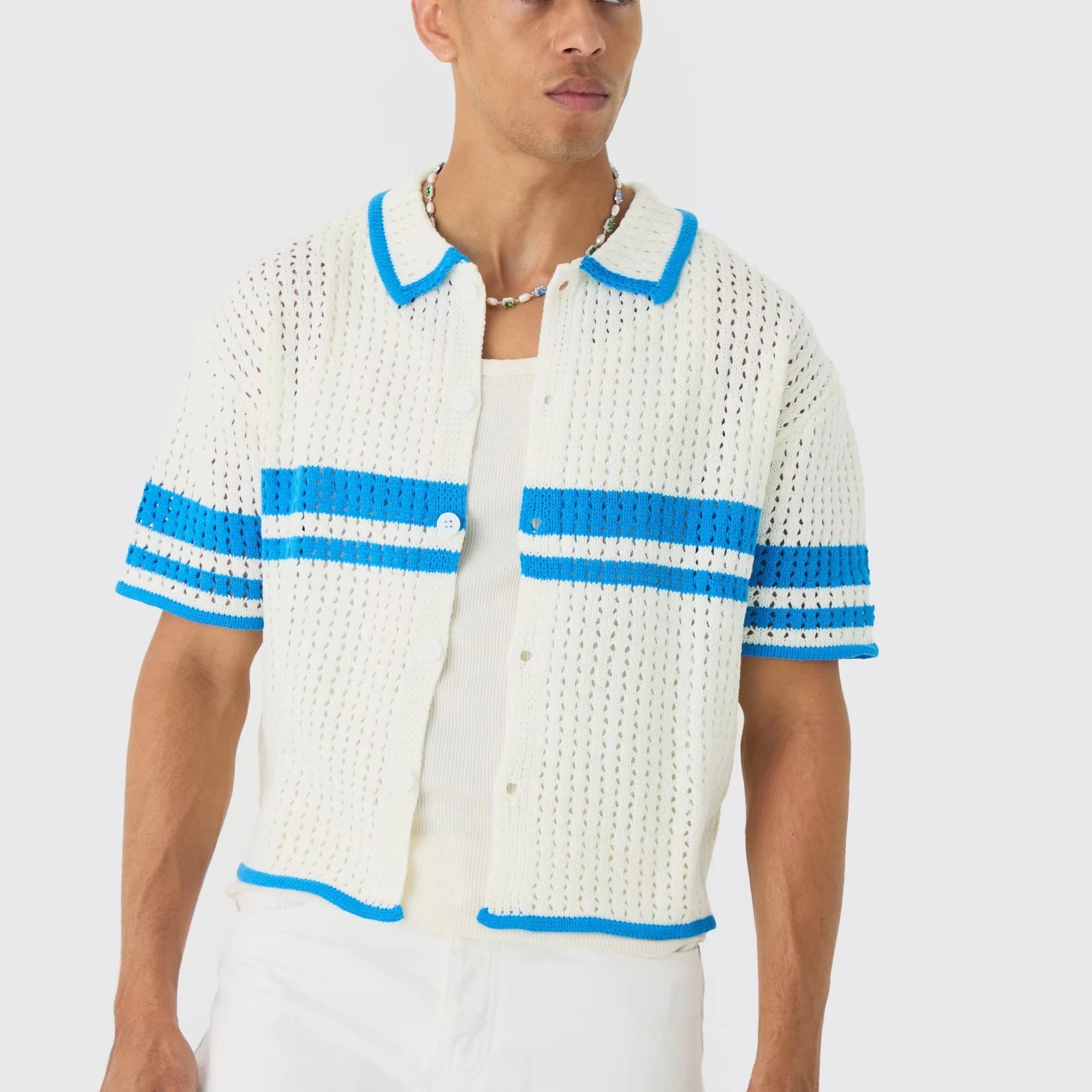 Custom Design Logo Mesh Summer Beach Jumper Knitwear Knitted Boxy Oversized Open Stitch Statement Stripe Knit Crochet Shirt
