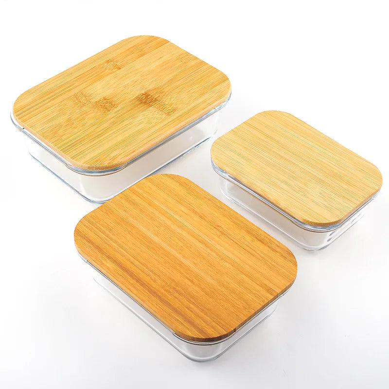 Set of 4 Sizes Glass Food Storage Containers with Bamboo Lids Microwavable Feature