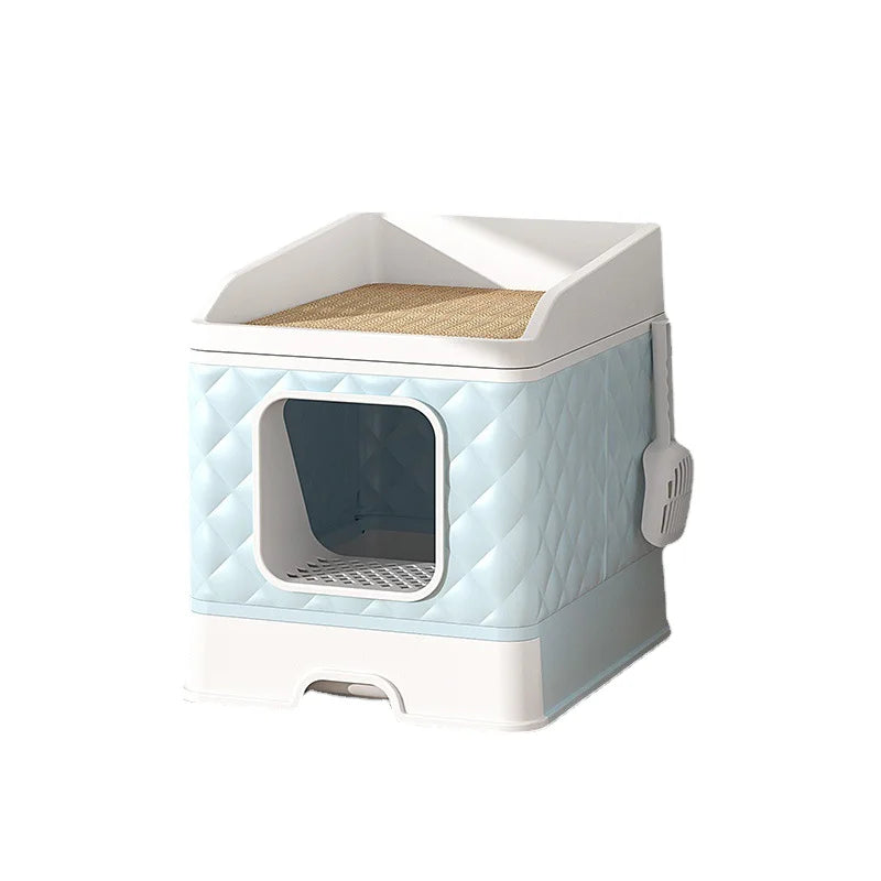 X-Large Foldable Cat Litter Box Removable Lid Top Anti-Splashing Indoor Plastic Toilet for Cats Featuring Scratch Board