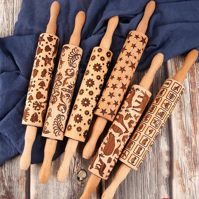 Beech Wood Embossed Rolling Pin Baking Cookies Noodle Biscuit Zoo Snowflake Christmas Pattern Wooden Laser Engraved Rolling