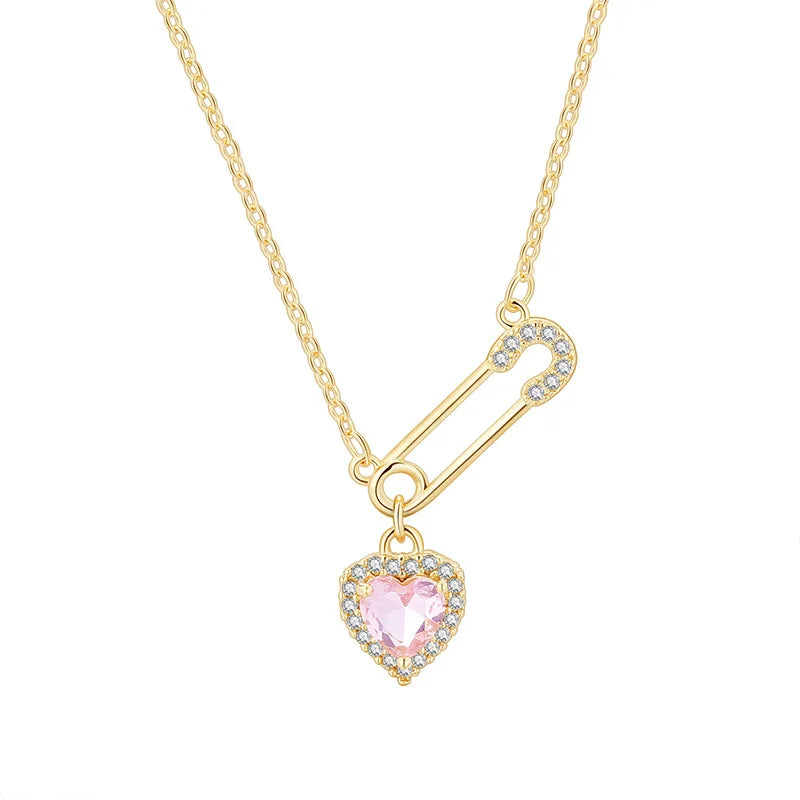 Yiwu DAICY Unique Design Heart Shaped Necklace Inlaid pink Diamond Stainless Steel Pin Necklace Personalized Women Jewelry