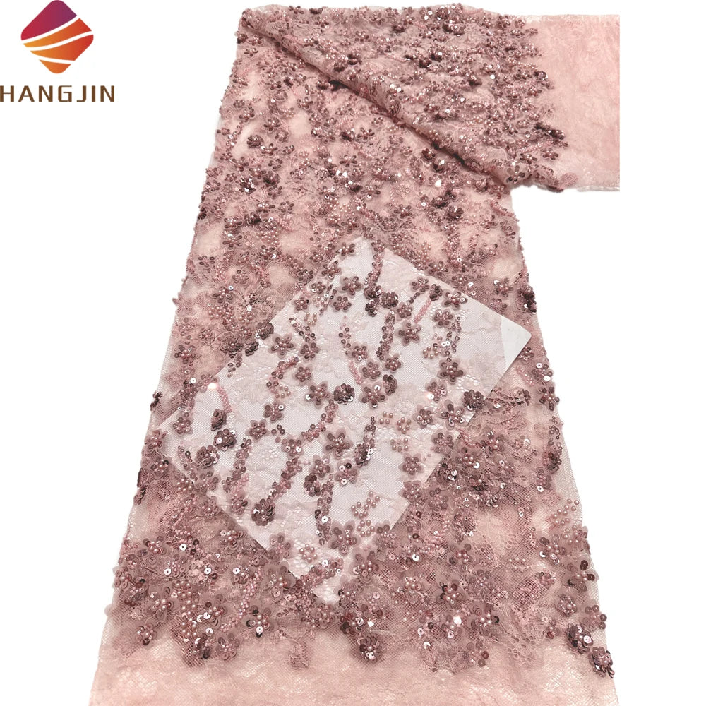 Latest Nigerian French Mesh Net Lace Fabric Bridal Fabric Luxury 3D Embroidery Beads and Sequins Lace for Women Party Dress