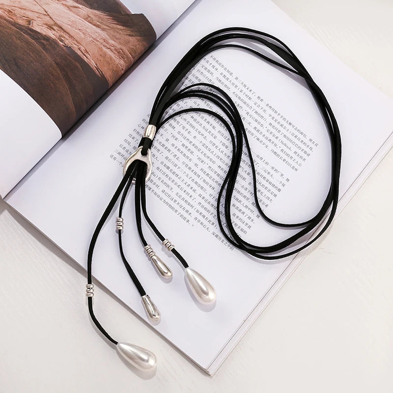 TongLing European Simple Layered Silver Necklace Bead Water Drop Charm Tassel Necklace for Women