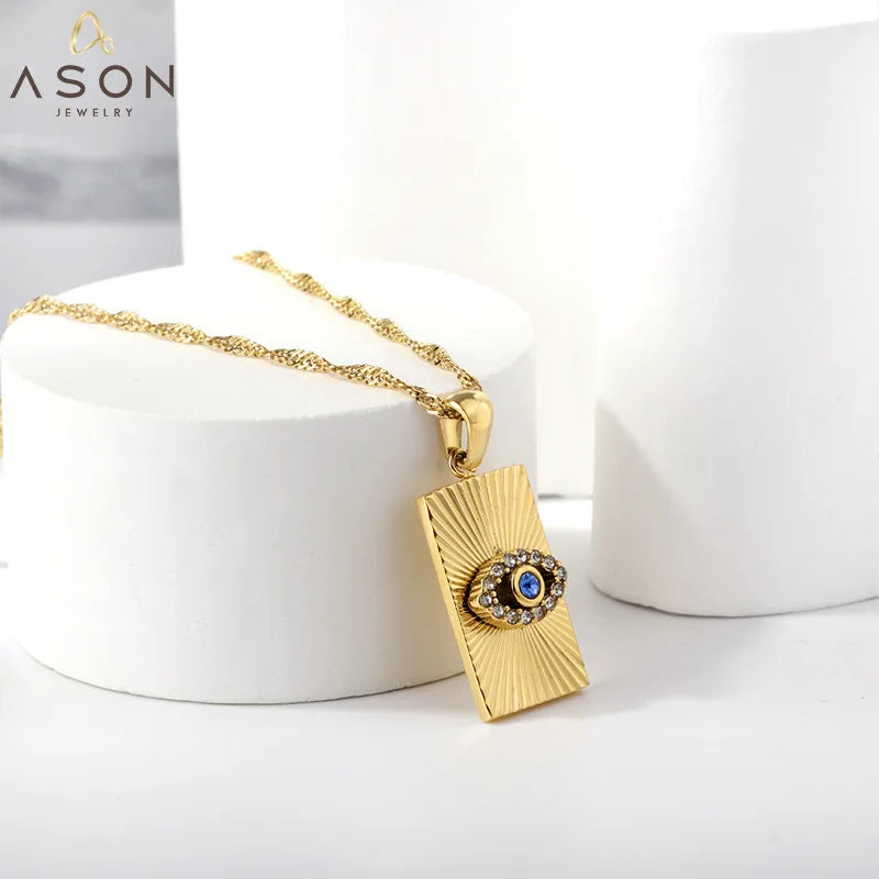 Shining Titanium Steel Crystal Evil Eyes Necklace Stainless Steel Rhinestone Rectangle Tags Hand Pendant Necklace