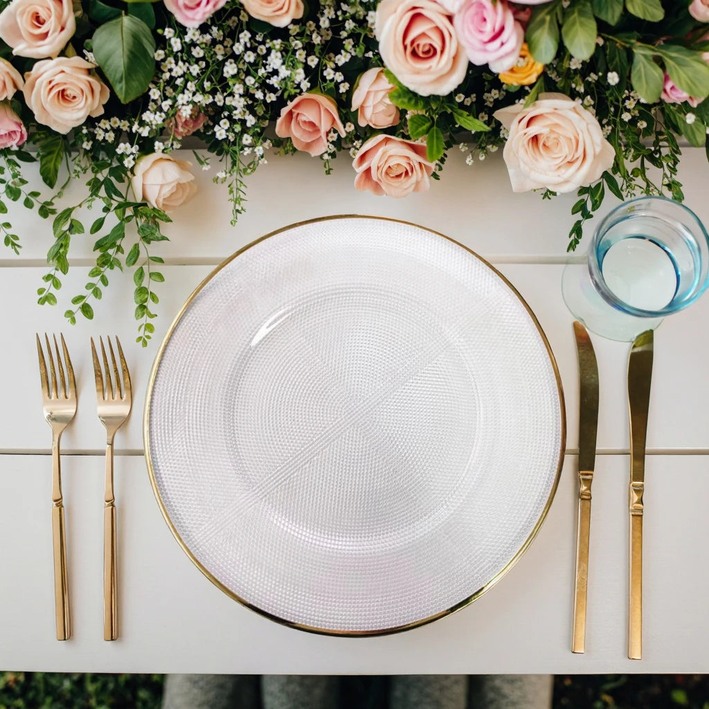 SONYA DINNERWARE Luxury Eco-Friendly Clear Golden Rim Glass Charger Plates for Weddings