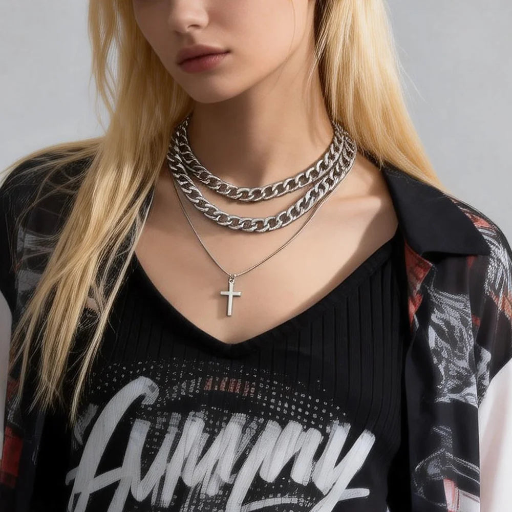 3pcs/Set Separable Layered Thick Chains With Cross Pendant Necklace for Women Trendy Lady Daily Accessories Neck Fashion Jewelry