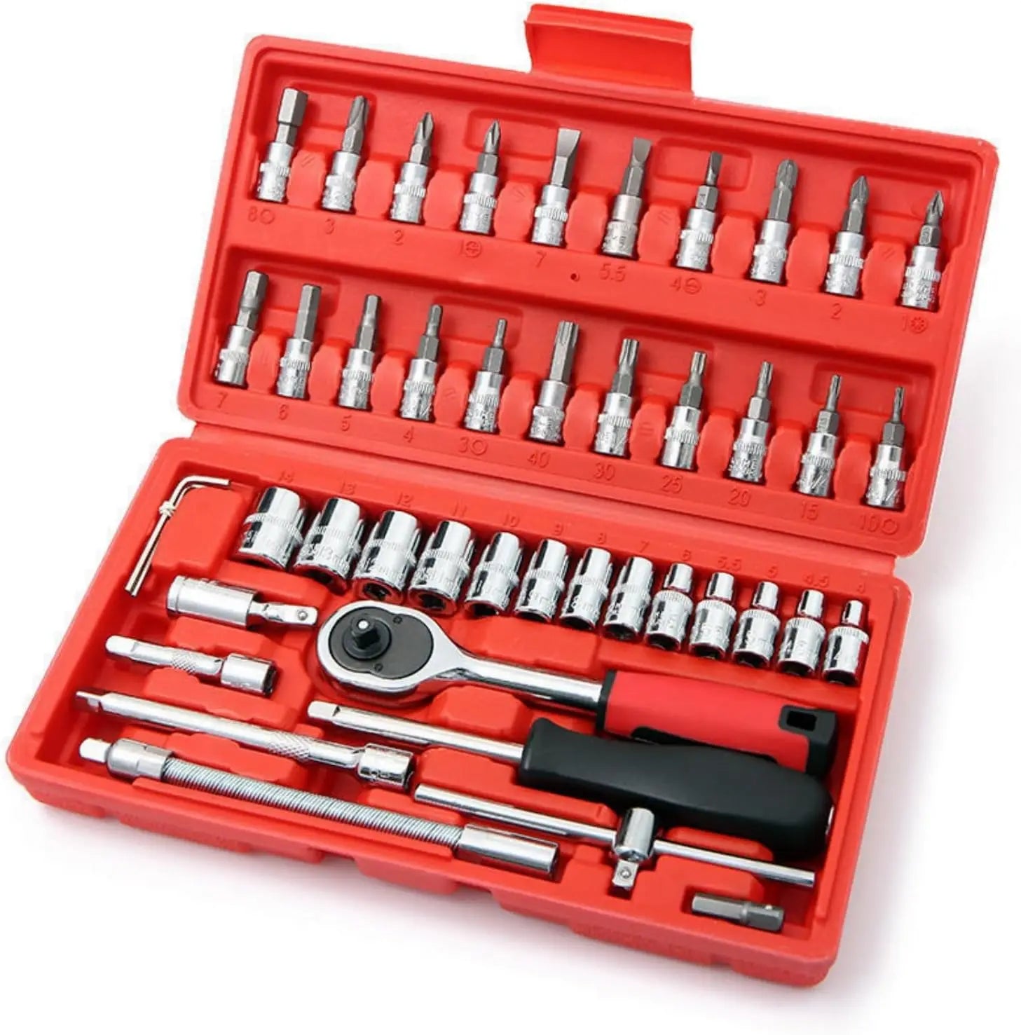 46-Pieces Mechanic Tool Kit 1/4\" Dr. Ratchet Socket Wrench Set Bit Sockets Extension Bar Hand-Power Box Storage Case