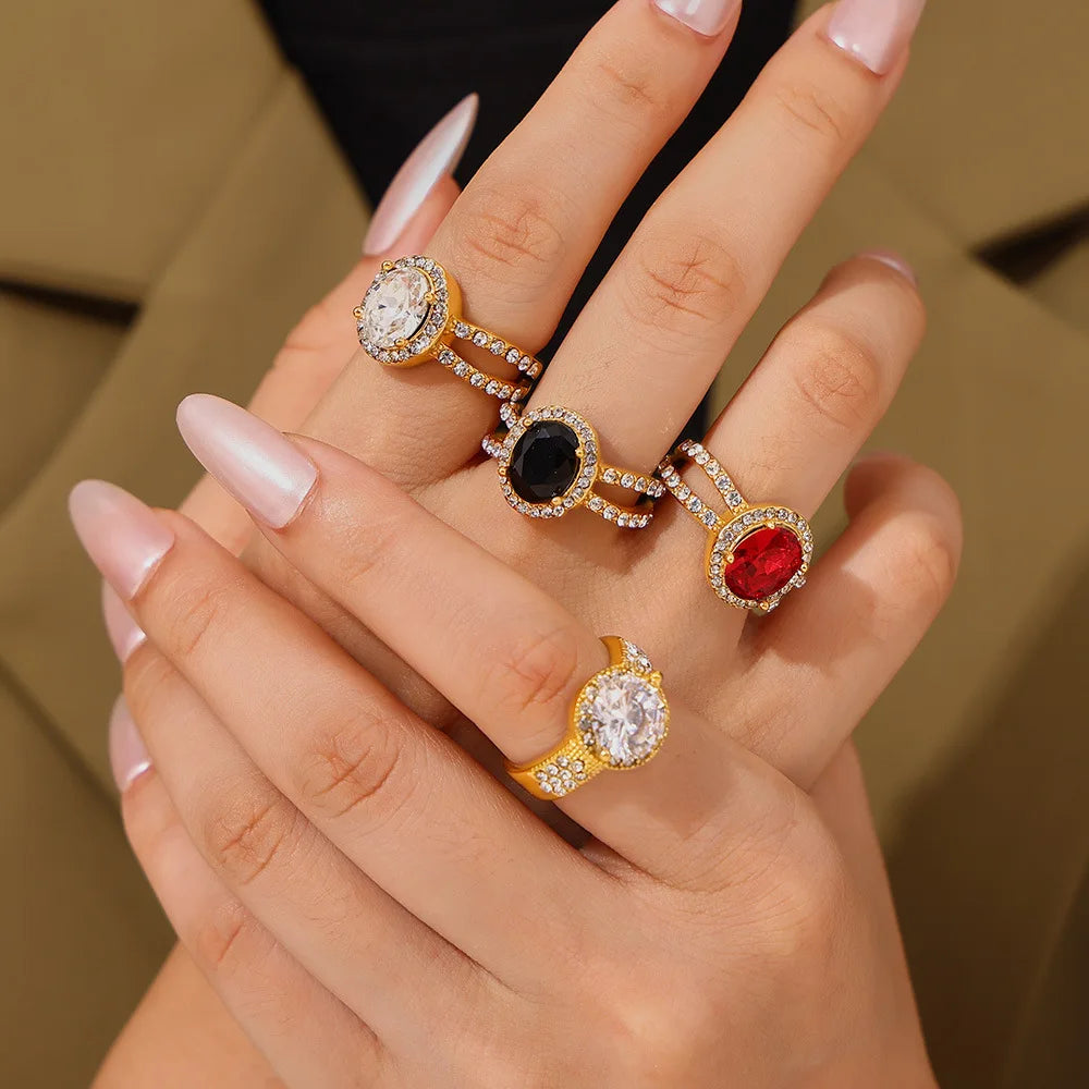 French Court Style Luxury Vintage Diamond Oval Zirconia Ring 18K PVD Gold Plated Titanium Ring
