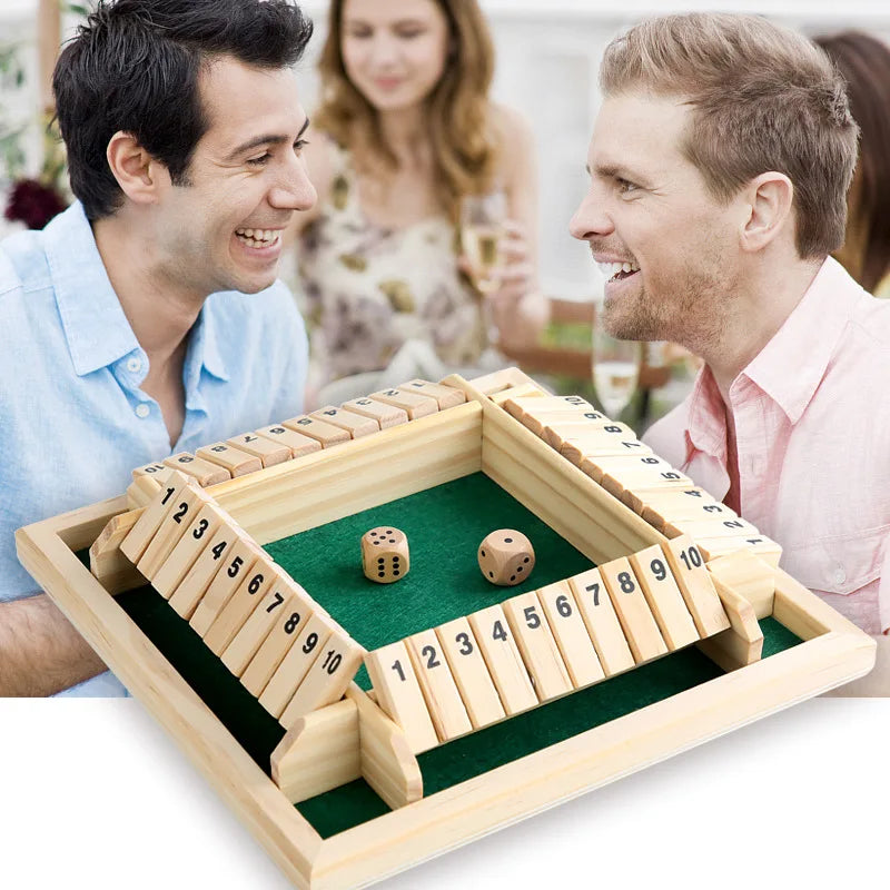 Four Sided 10 Numbers Shut the Box Board Game Wooden Flaps & Dice Set Deluxe Board Game Party Club Games for Adults Families