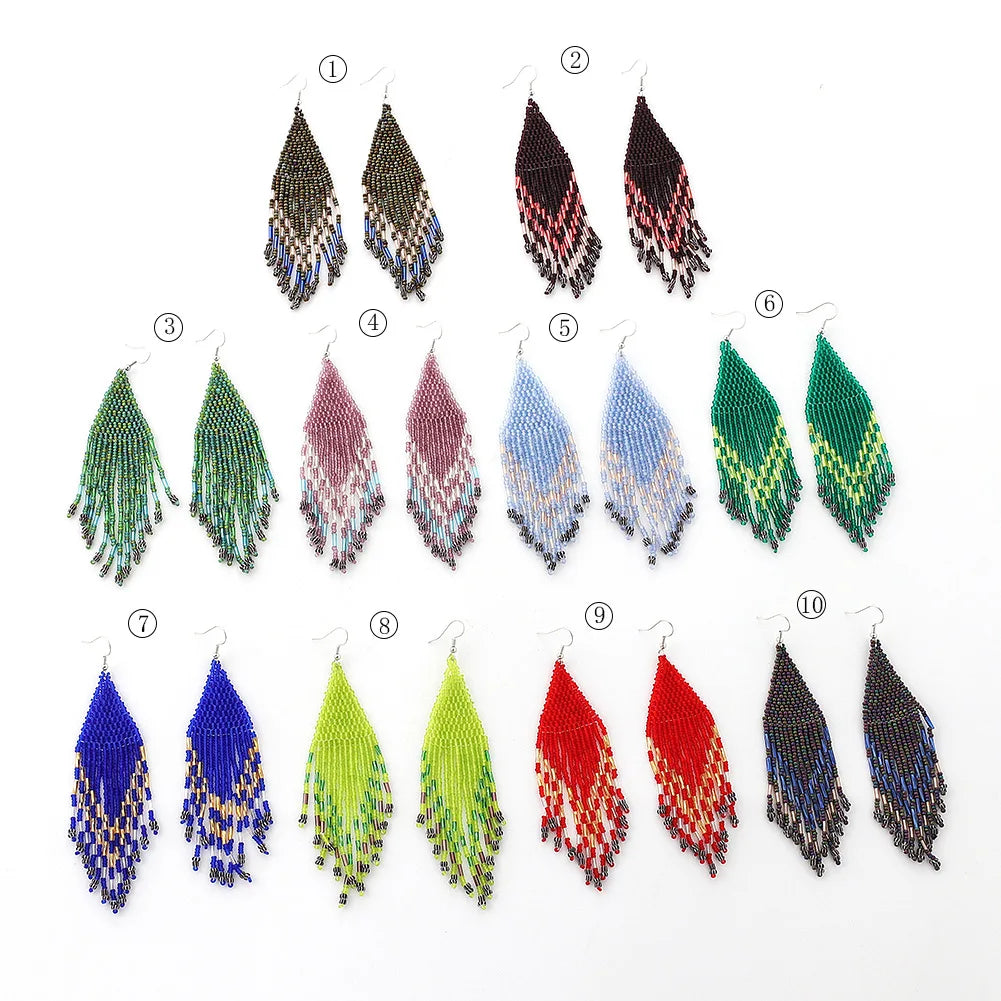 Quake Trendy Bohemian Glass Seed Beads Charm Earrings Women's Long Tassel Earrings for Anniversary