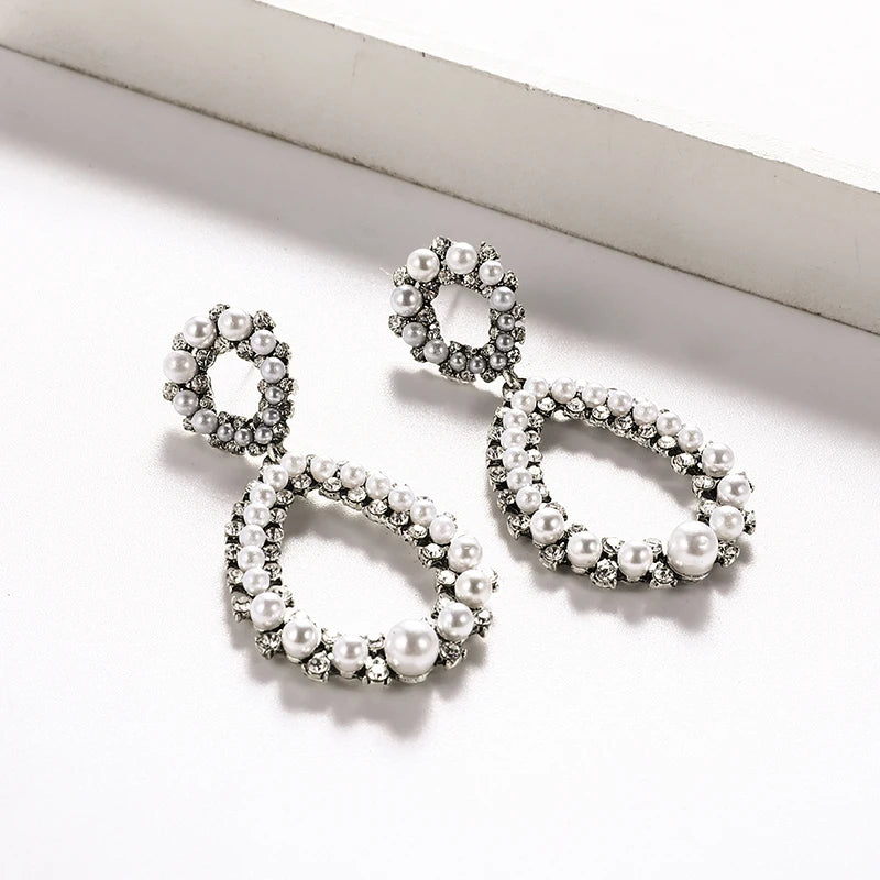 Vintage Unique Silver Plated Freshwater Pearl Dangle Earrings Women Hollow Out Baroque Pearl Water Drop Earrings Dangling