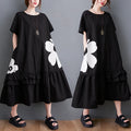 Wholesale 2026 Summer New Large Women's Wear Wooden Ear Edge Spliced Print Loose Swing Mid Length Women's Dress