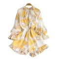 Women Printed Chiffon Romper Vintage V-Neck Flare Long Sleeve Ruffle Loose Tie Dye Playsuits Female Cami Jumpsuit