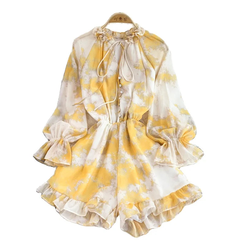 Women Printed Chiffon Romper Vintage V-Neck Flare Long Sleeve Ruffle Loose Tie Dye Playsuits Female Cami Jumpsuit