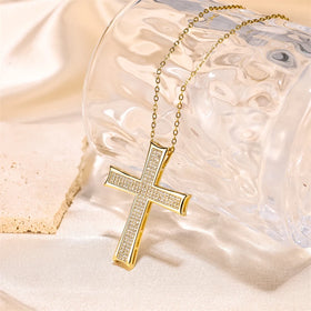 Women Vintage Jewelry 18K Gold Plated Stainless Steel Cross Pendant Necklace Iced-out Chunky Necklace