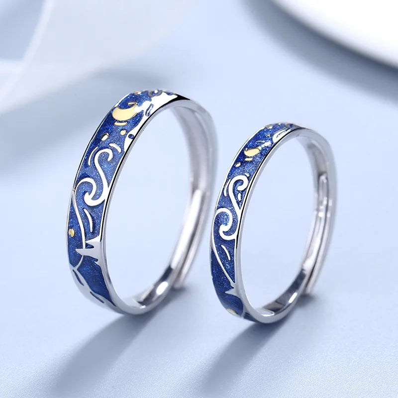 Hot Sale Men's and Women's Blue Rings Adjustable 925 Sterling Silver Couple Rings