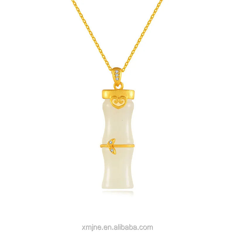 Certified Ancient Silver Gilt Inlaid Jade Bamboo Festival Hetian White Jade S925 Silver Pendant Jade Pendant Necklace Gift Gift