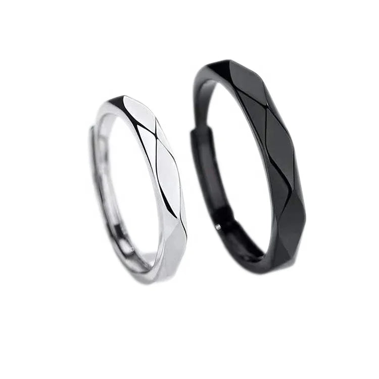 Black Men Ring and Silver Women Ring Diamond Cut Promise Ring for Couples