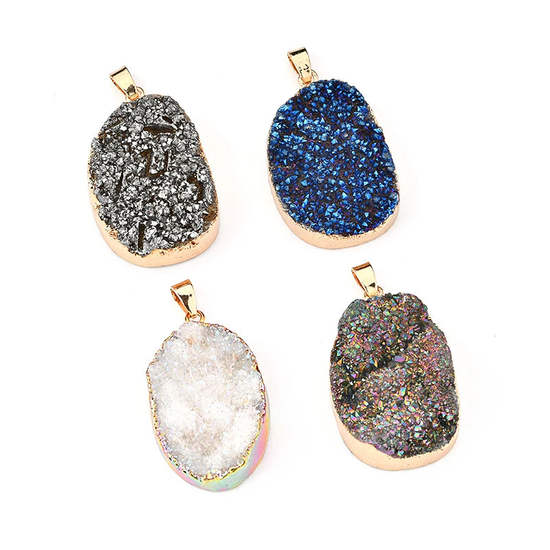 Natural Stone Pendant Oval Druzy Crystal Gemstone Pendant Gold Plated Crystal Pendant Jewelry Making Charm