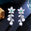 Fashion Flower Leaf Shape Brass Jewelry Design Cubic Zirconia Pearl Party Long Dangle Drop Earrings for Lady Reasonable Price