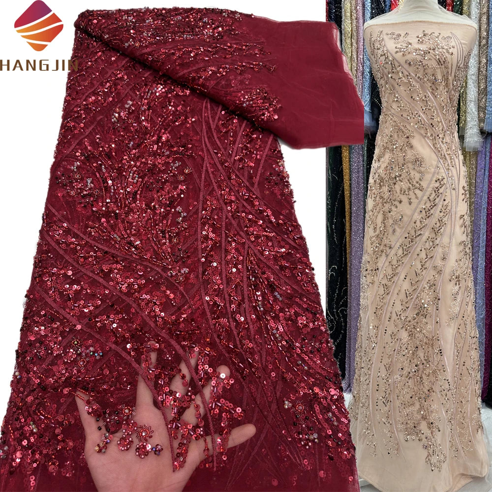 Luxury Wedding Lace Fabric Fancy Tulle Embroidery Sequins African Handmade Beaded Lace Fabric for Dresses