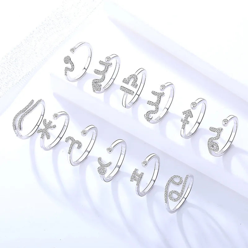 Adjustable Fine Micro Zircon Zodiac Sign Rhodium Plated 925 Sterling Silver Twelve Horoscope Stackable Open Wedding Party Rings