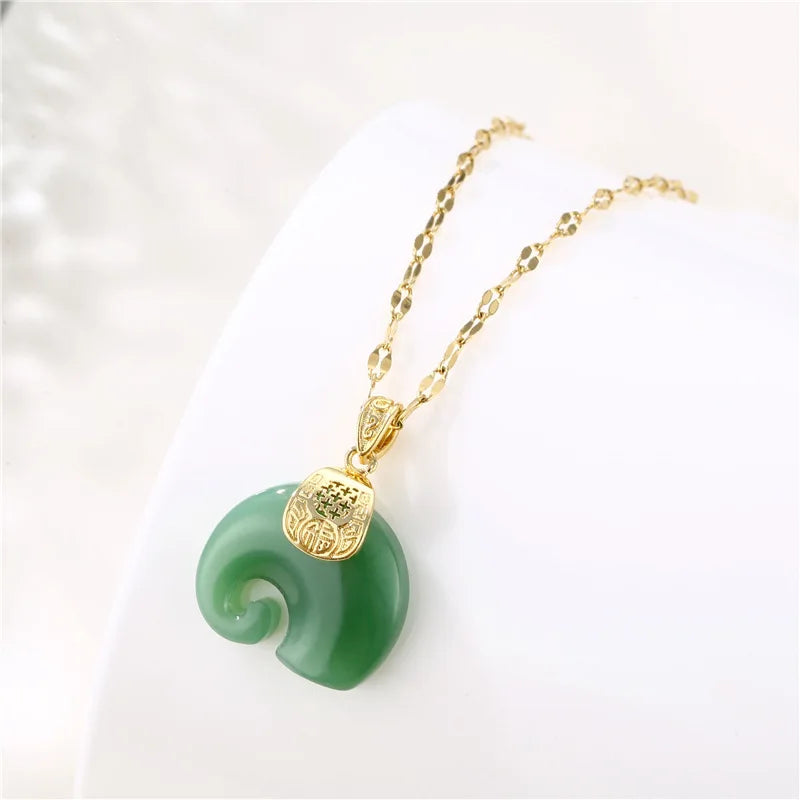 Stainless Steel Women Jewelry Jade Elephant Pendant Necklace No Fade Natural Green Jade Necklace for Gifts