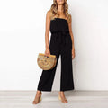 Women's Casual Off Shoulder Solid Color Strapless Belted Wide Leg Jumpsuit Romper