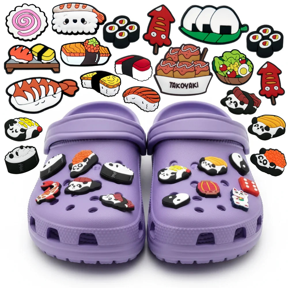 Fashion New Designer Cartoon Kawaii Sushi Panda Clip Accessory Rubber Plastic Buckle Wholesale Japan Food Clogs Charm Set