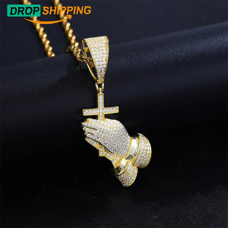 Christmas Jewelry Gift Gold Plated 925 Sterling Silver VVS Moissanite Diamond Bling Cross Pray Hand Pendant Necklace for Men