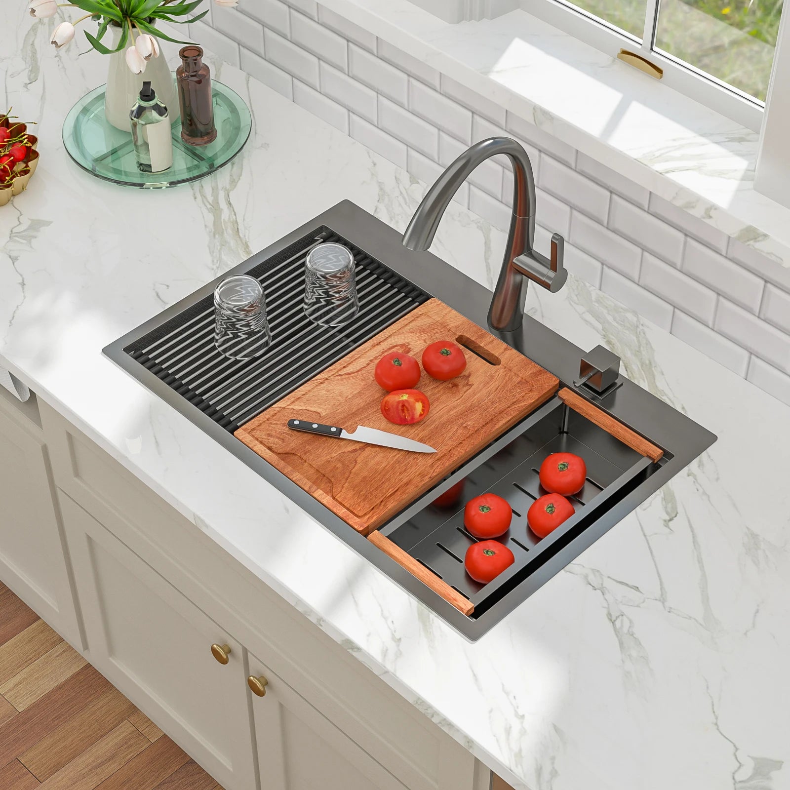 US Shipping Gunmetal Black  304 Stainless Steel Sink 33 Inch Drop in 2 Faucet Hole Single Bowl Kitchen Sink