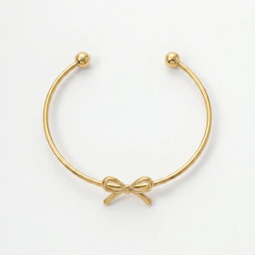 QIAOREN 11009 Cute Ribbon Bow Gold Bangle Stainless Steel Adjustable Bracelet for Summer Beach Vacation Style