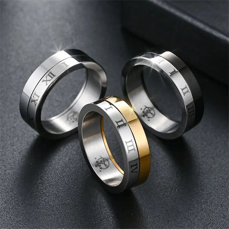 Roma Vintage Fine Rings Stainless Steel with Gold Silver Black Rotatable Roman Numeral Fashion Ring