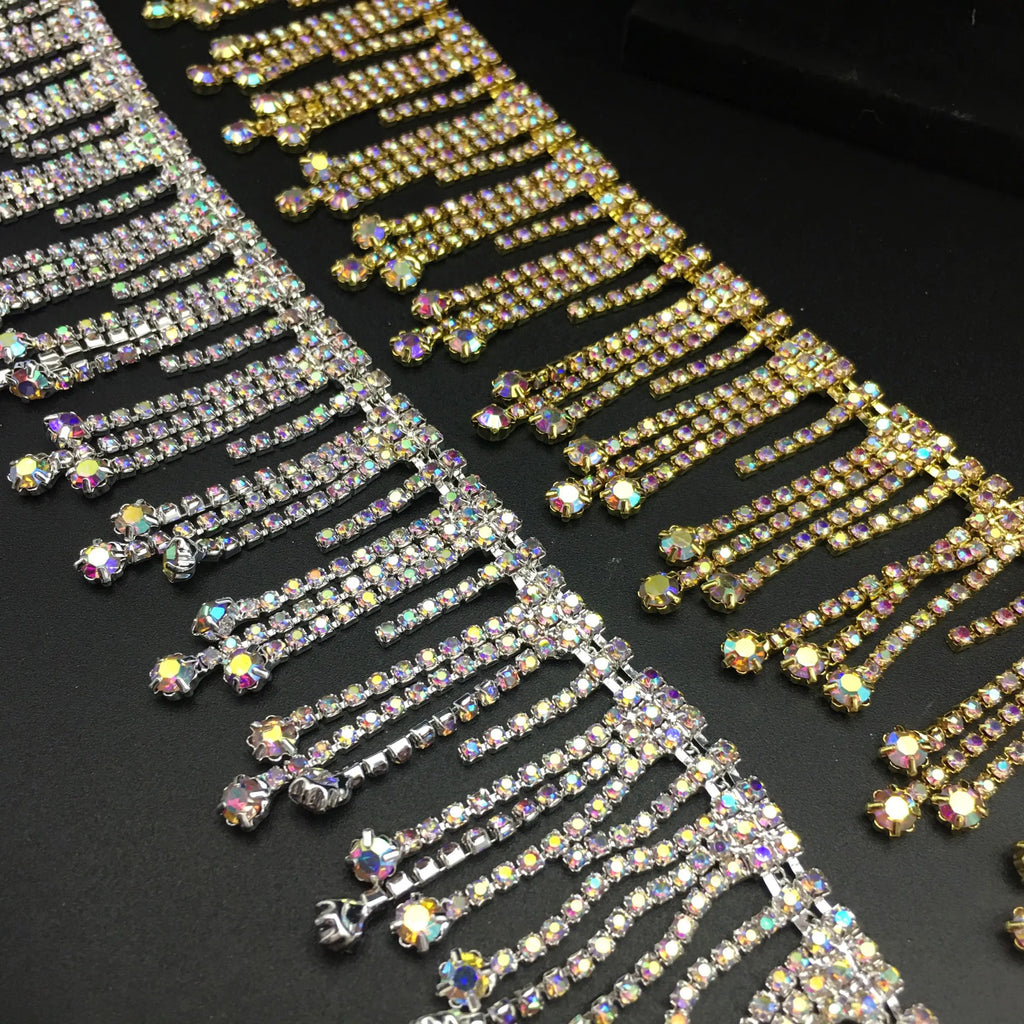 SINRONG Glass Rhinestone Chain Tassel Gold and Silver Tassel Clothing Accessories DIY Collar Belt Wedding Party Nail Art Chain