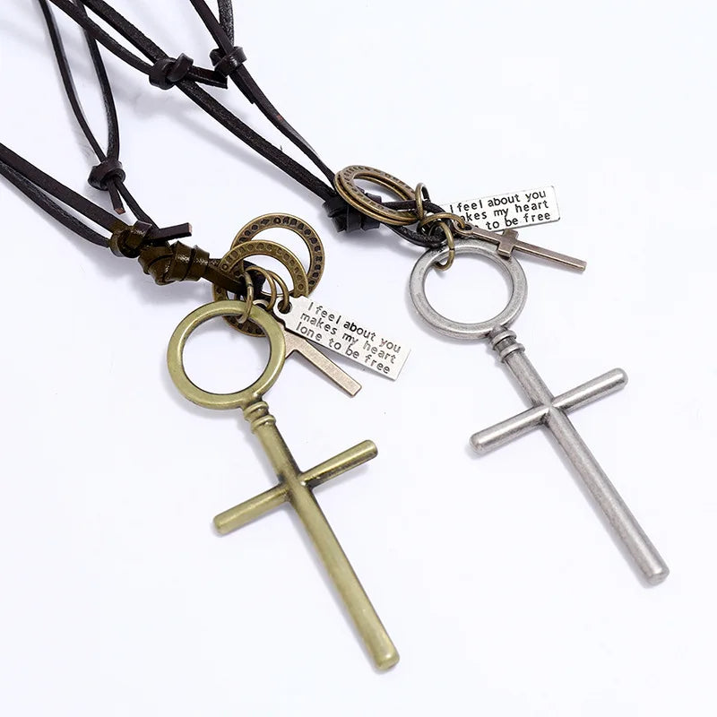 Wholesale Men's Adjustable Size Cross Pendant Leather Chain Necklace Personalized Jewelry for Weddings and Parties