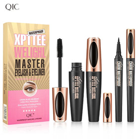 4D Silk Fiber 2-in-1 Set Thick Multi-Layer Long-Lasting Mascara & Speed Drying Waterproof Eyeliner Makeup Tools