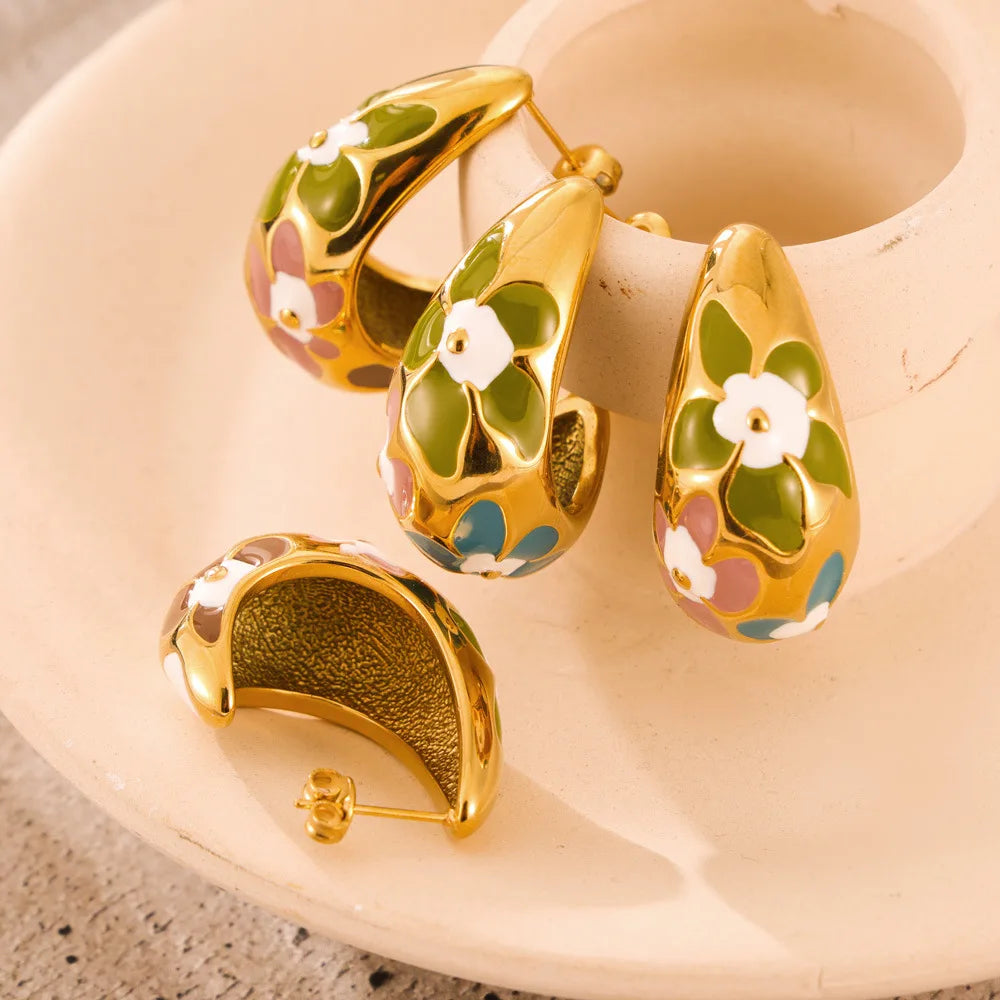 Chic Colorful Flower Drip Oil Earrings Water Drop Earrings Retro Geometric Pattern 18k Gold Plated Stainless Steel Stud Earrings