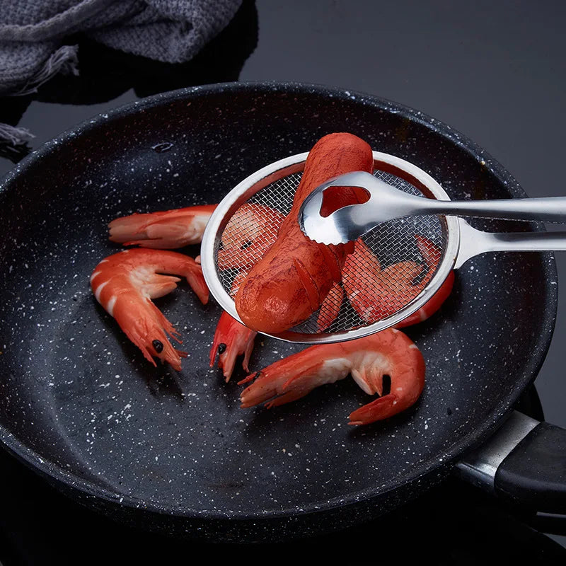 Wholesale 2-in-1 Stainless Steel Fine Mesh Strainer Clip Frying Skimmer for Oil Filtering Food Serving Tongs Eco-Friendly