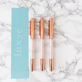 Rose Gold Metal Logo Ballpoint Pen 3 Piece Set 0.5mm Fine Point Black Ink White Gift Box for Women Birthdays
