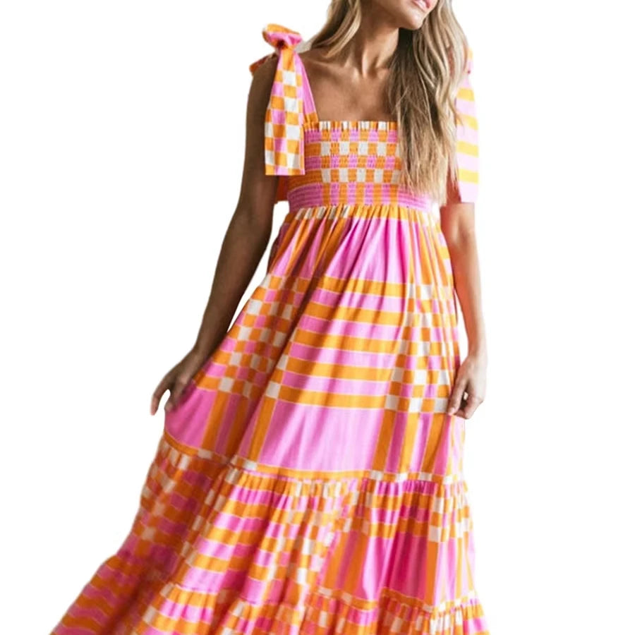 Wholesale Pink Maxi Dress with Tied Straps & Smocked Design Casual Style Anti-Static & Anti-Wrinkle Woven Weave Washable