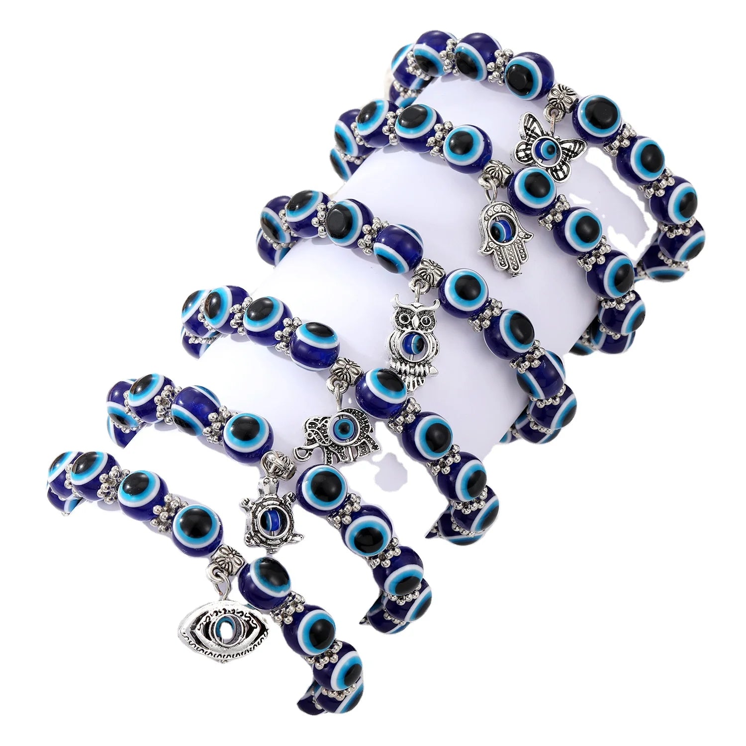 New Arrival Evil Blue Eyes Bead Stretch Bracelet Pendant Handmade Alloy Eye Tortoise Butterfly Hamsa Design for Men Women's Gift