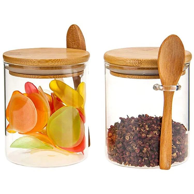 Wholesale Custom Size Logo 8 10 12 16 oz Kitchen Pepper Salt Spice Borosilicate Glass Storage Jars With Bamboo Spoon