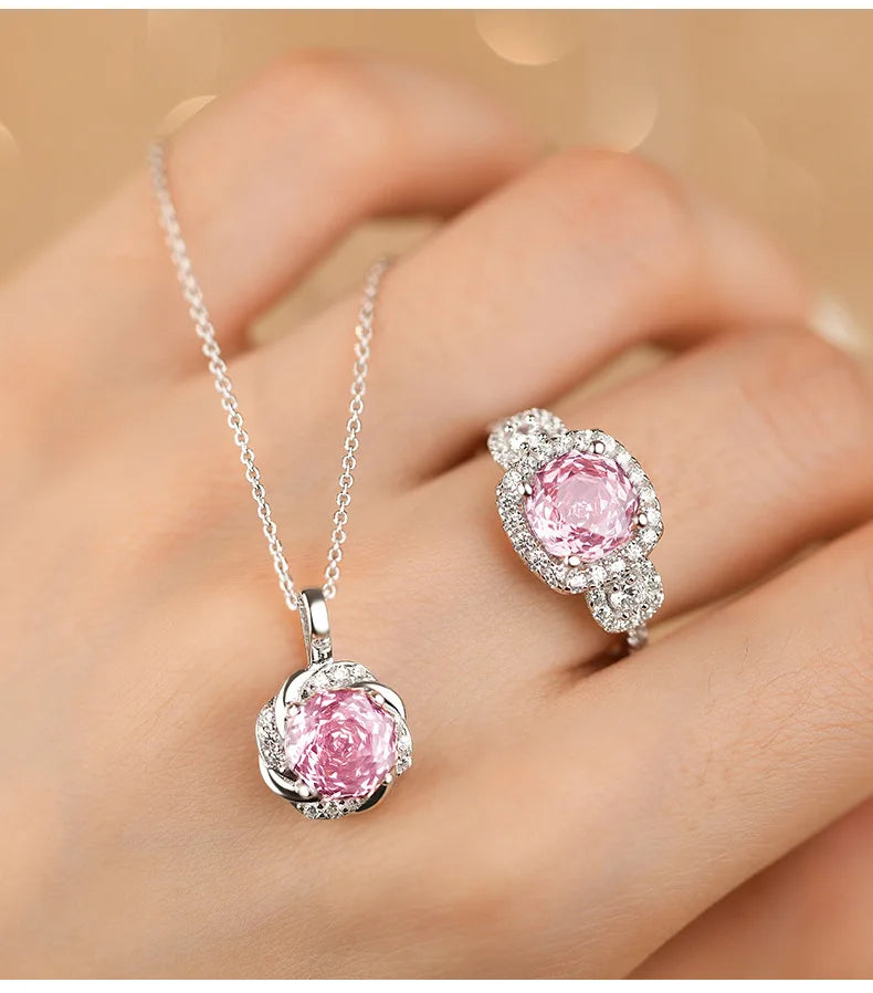 Wedding Fashion Luxury Promise Jewelry Pink Rose 925 Sterling Silver Zircon Engagement Fine Jewelry Sets for Women