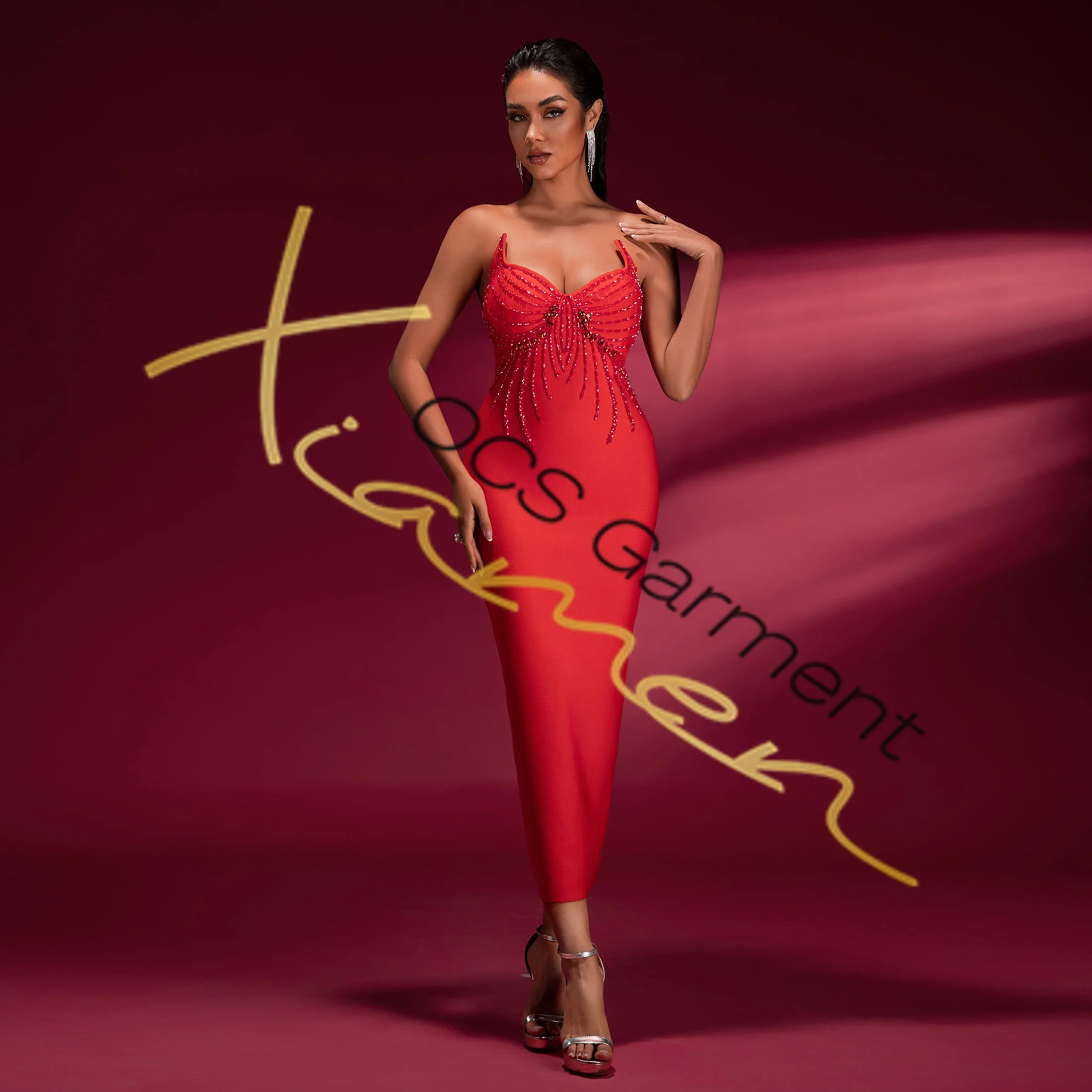 Ocstrade Banquet Vestidos Elegant Luxury Evening Dress Beaded Sleeveless Cut Out Roupa Midi Robes Red Bandages Maxi Dress Woman