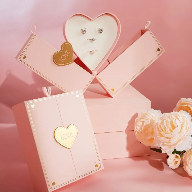 Zebopak Luxury Heart Jewelry Box Custom Logo Pink Creative Double Door Jewelry Gift Box for Valentine Day Set Wholesale