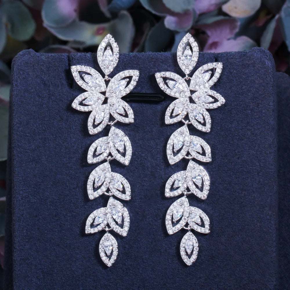 Marquise Cut Cubic Zirconia Dangling Drop Cluster Flower Leaf Long Earrings for Women Elegant Wedding Banquet Jewelry