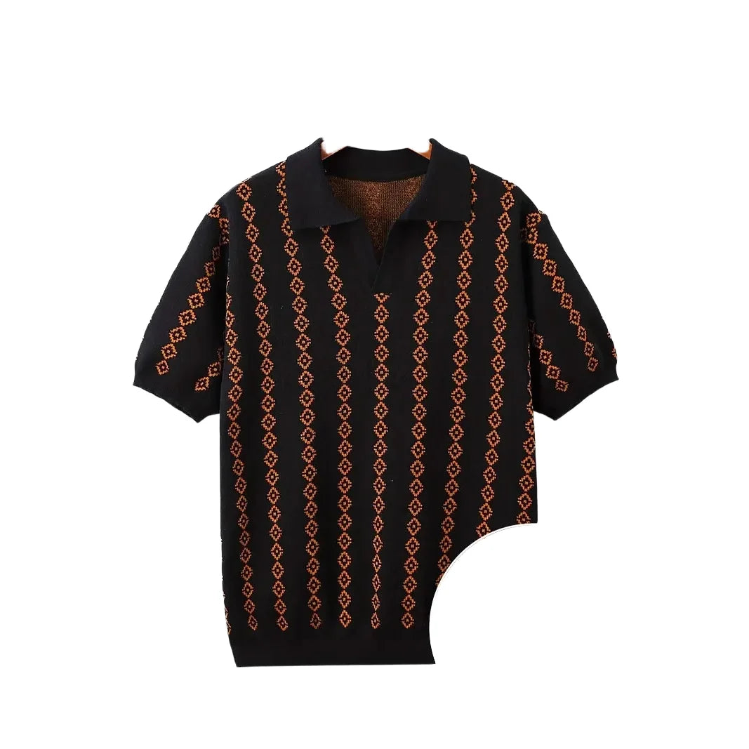 Custom Men's Pullover Knitwear Notched Sweater  Polo with Lapel Short Sleeve Casual Knitted Loose Shirts