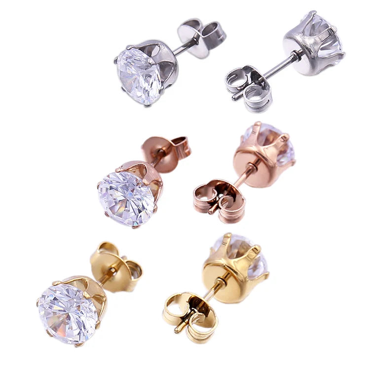 Hot Selling Classic Silver Gold Stainless Steel Jewelry Wholesale Bulk Hypoallergenic Diamond Zircon Stud Earrings Trendy Style