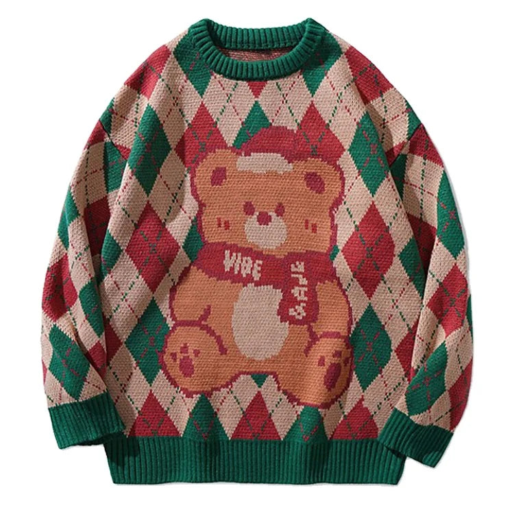2024 Christmas Bear Jacquard Pullover Knitwear Unisex Long Sleeve Crew Neck Sweater Winter Oversize Loose Anti-Pilling Sweater