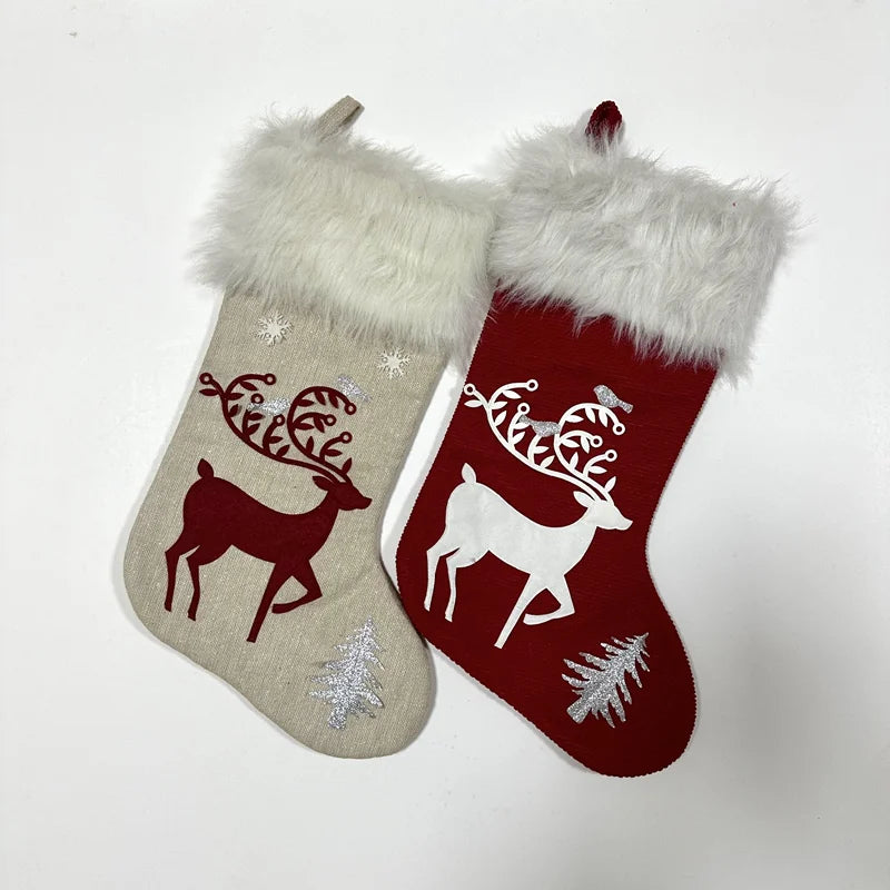 Printed Reindeer Plaid Polyester Christmas Stockings Embroidery Hanging Xmas Home Decorations Gift Socks